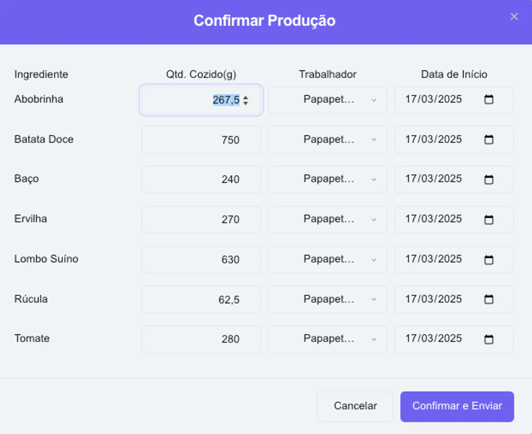 Interface de confirmação de produção do CozinhaPet Pro