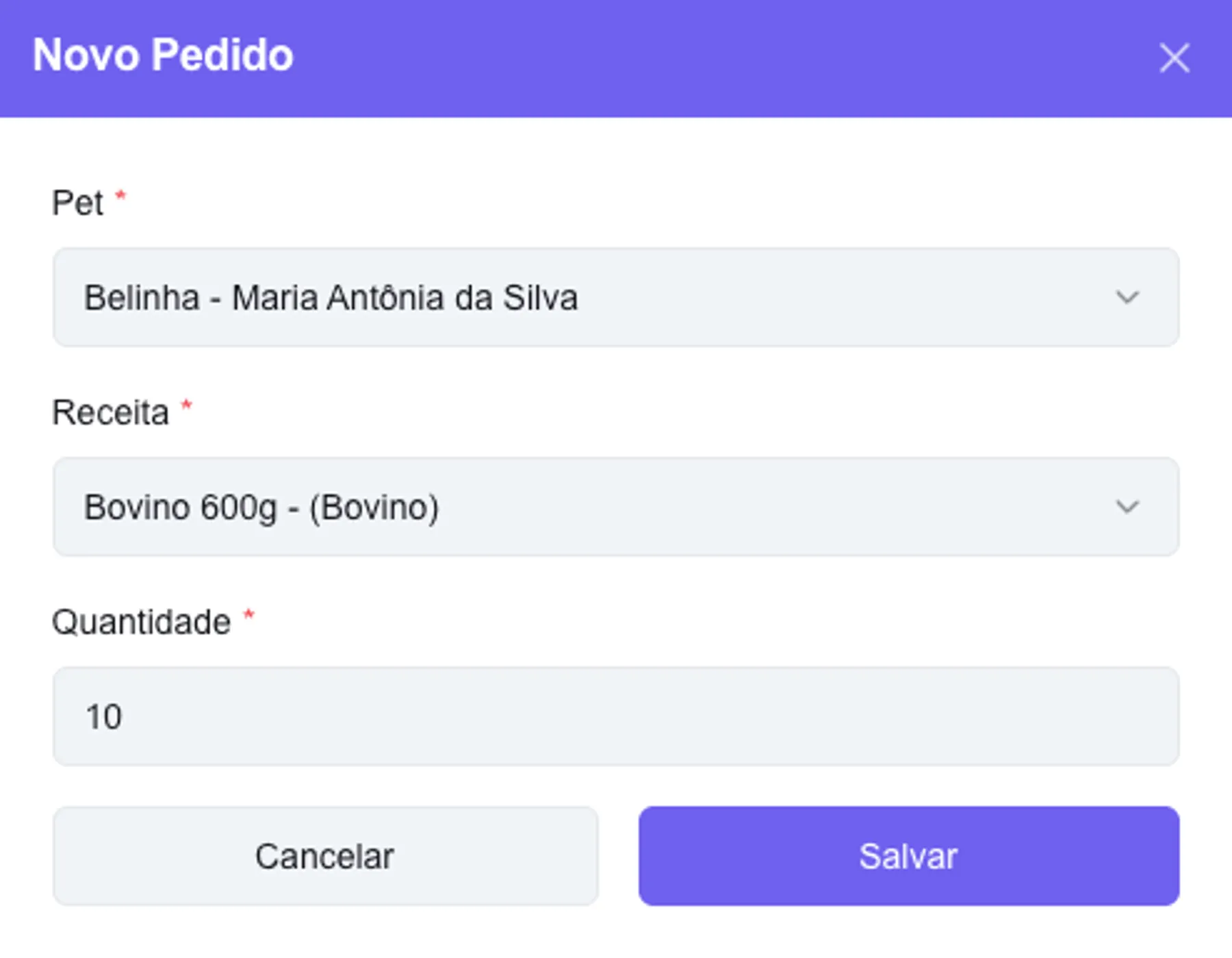 Interface de cadastro de pedidos do CozinhaPet Pro